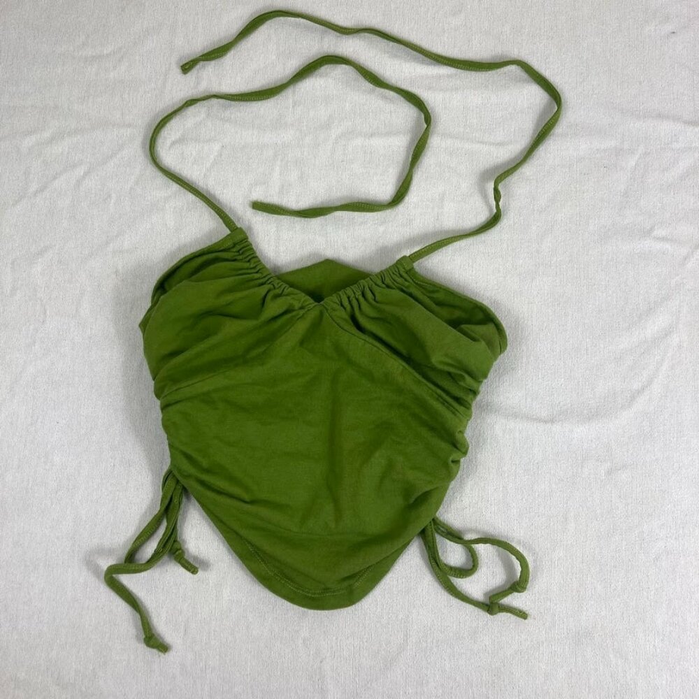 SHEIN Green Ruched Halter Crop Top Womens Small Adjustable Tie Sides